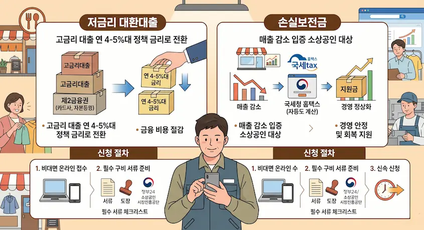소상공인 손실보전금 지원 자격 조건과 고금리 대환대출 신청 서류 준비 안내 일러스트