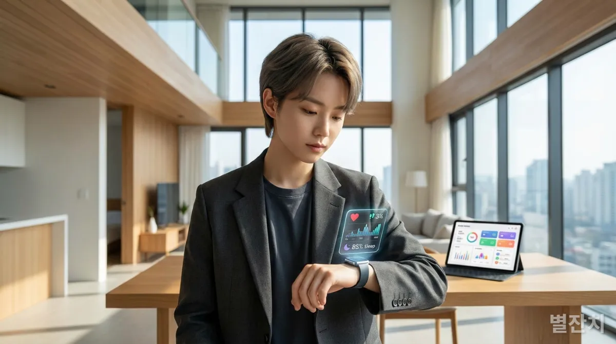 스마트 기기로 건강 데이터를 확인하는 한국인