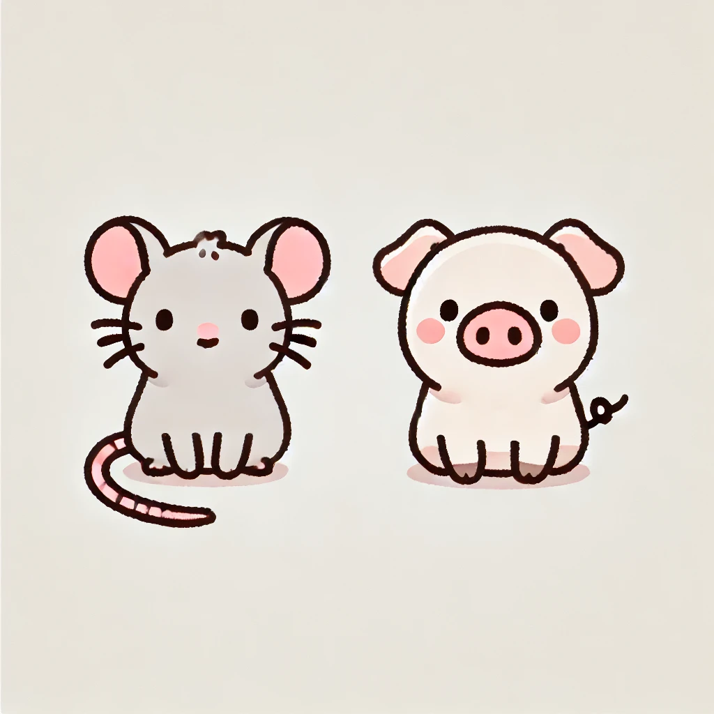 12간지 중 쥐와 돼지만 귀엽게 표현된 일러스트, 심플한 흰 배경에 캐릭터 중심 구성