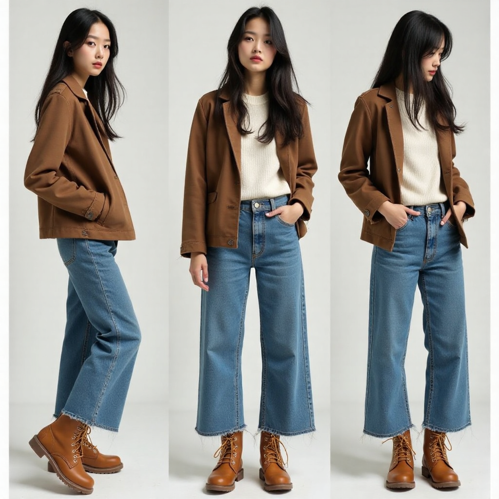 스트릿 스냅 스타일의 팀버랜드 + 와이드 청바지 코디 룩북 사진