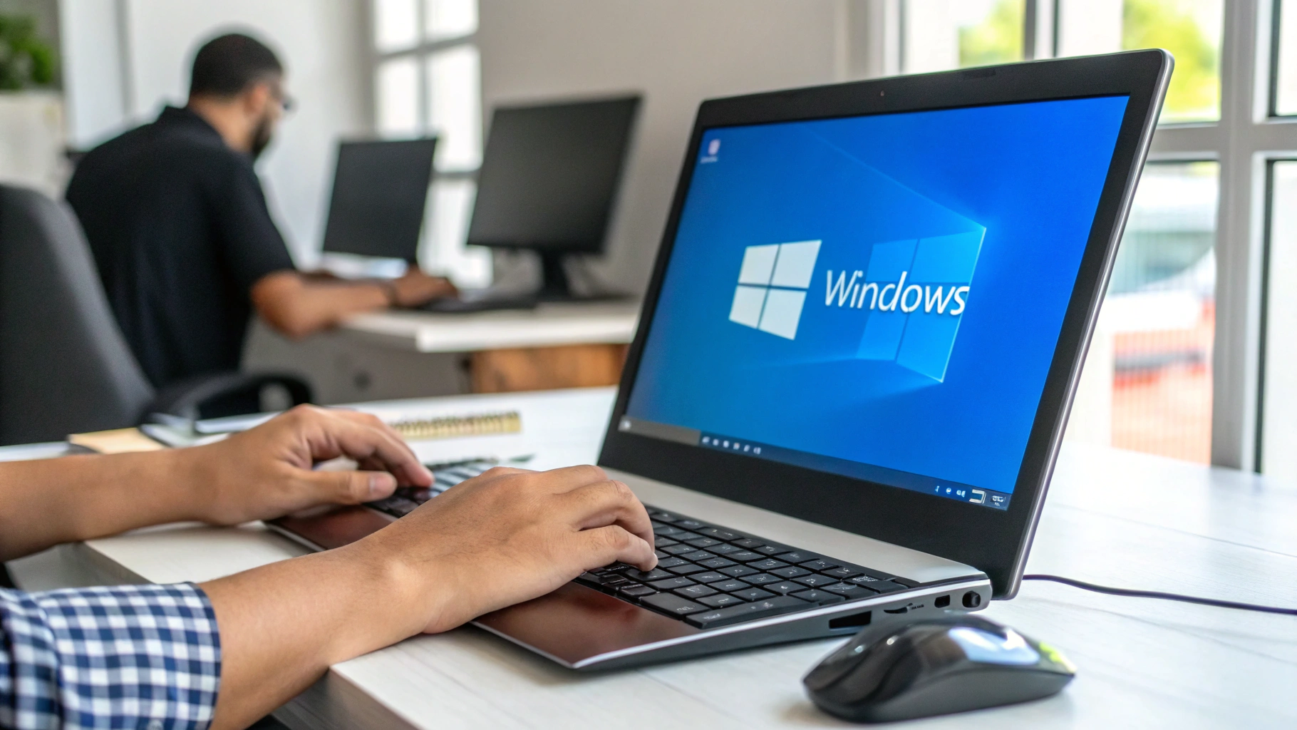 책상 위에 놓인 노트북 화면에 Windows 로고와 'Windows'라는 문구가 표시되어 있고, 한 사람이 노트북 키보드를 타이핑하고 있음. 오른쪽에는 유선 마우스가 있으며, 배경에는 다른 사람이 데스크탑 컴퓨터를 사용하는 모습이 흐릿하게 보임. 창문을 통해 자연광이 들어오는 사무실 환경.