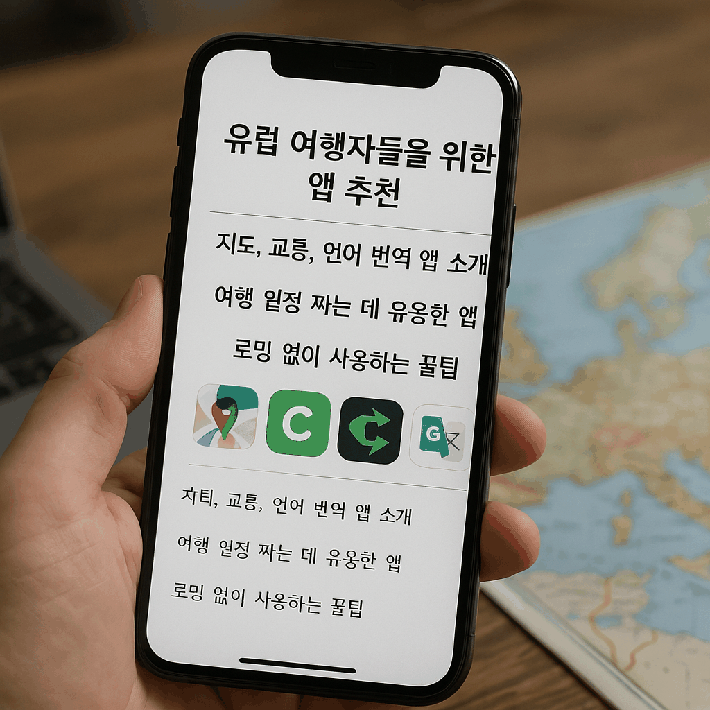 유럽 여행 앱 추천 블로그 글이 스마트폰 화면에 표시된 모습과 배경의 유럽 지도, 노트북이 함께 어우러진 이미지