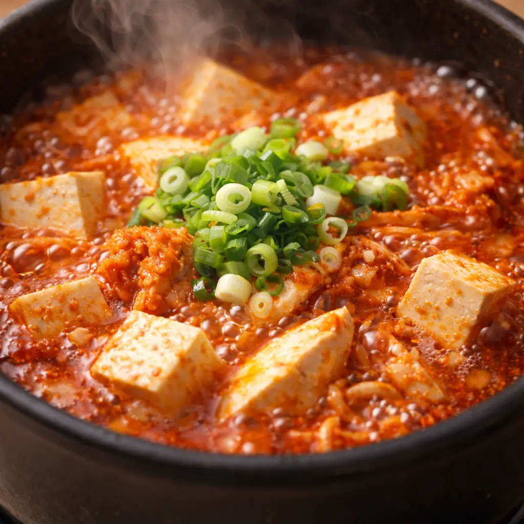 빨간 국물의 김치 스튜에 두부가 큼직하게 들어가 보글보글 끓는 모습, 대파가 올라간 완성 직전
