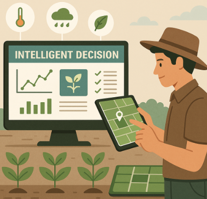 지능형 농업 시스템 화면을 보며 태블릿으로 작물 데이터를 분석 중인 농부