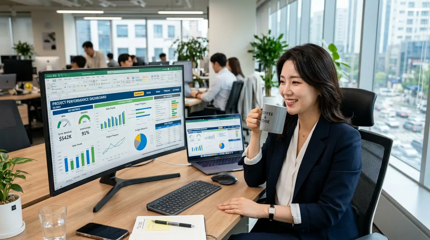완벽하게 세팅된 엑셀 자동화 대시보드를 띄워두고 여유롭게 커피를 마시는 스마트한 직장인의 모습