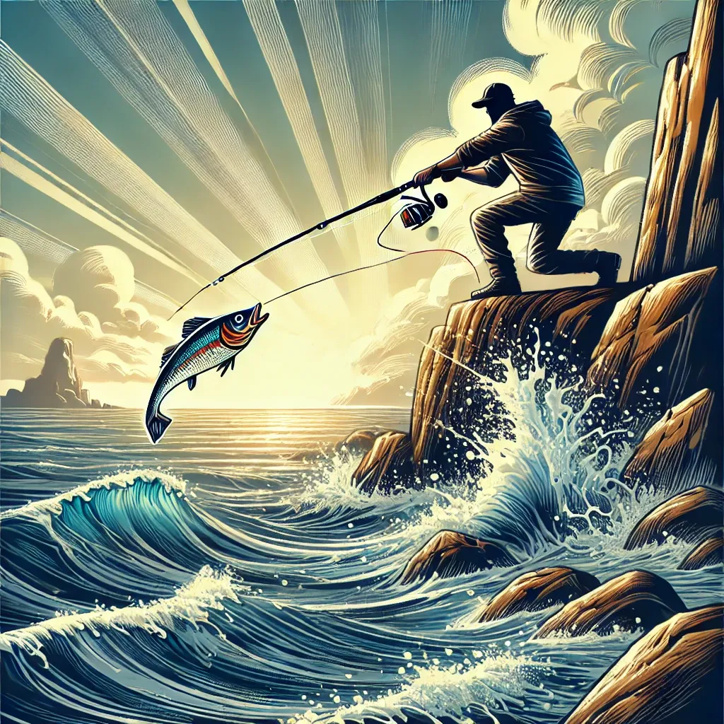 바다의 암석 해안에서 루어 낚시를 하는 모습