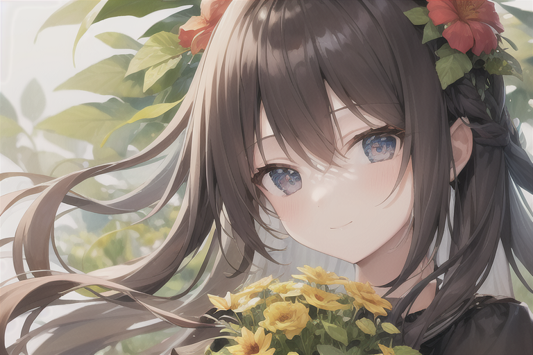 a young girl with a flower in her hair, close up