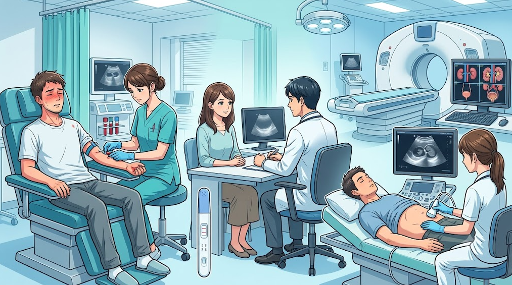 채혈을 통한 혈액 검사, 임신 확인, 초음파 및 CT 영상 검사 장비를 보여주는 메디컬 일러스트