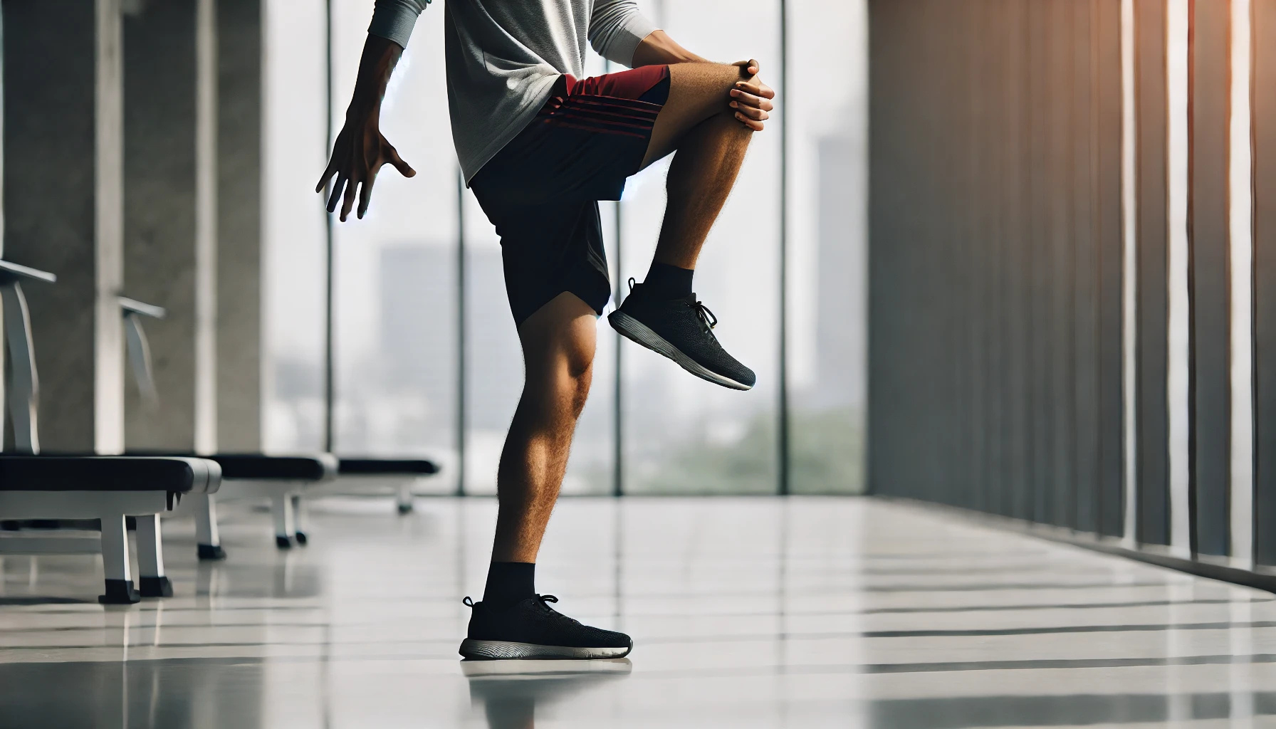 허벅지 스트레칭 한쪽 다리로 서서 반대쪽 발을 손으로 잡아 엉덩이 쪽으로 당기는 동작