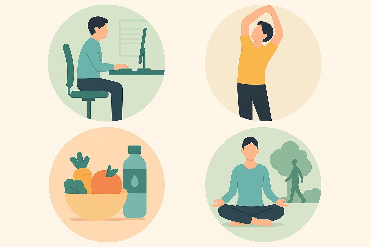 의자에 바르게 앉은 사람, 등 스트레칭 자세, 건강한 식단, 스트레스 완화