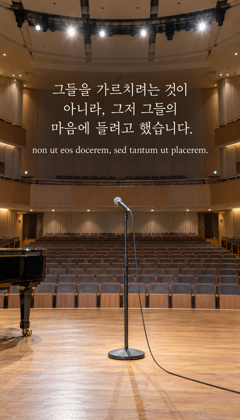 그들을 가르치려는 것이 아니라, 그저 그들의 마음에 들려고 했습니다. — 현대 공연장의 마이크와 빈 좌석, 사실적인 현대 사진·플래시 스냅샷