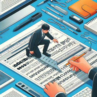 디지털 뉴스 화면에서 작은 사람이 글자를 수정하는 창의적인 일러스트.