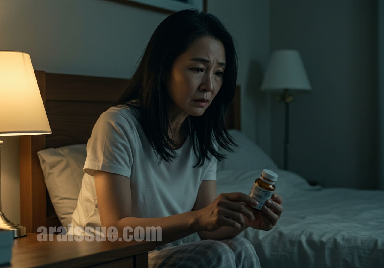 수면제를 들고 고민하는 여성의 침실 장면