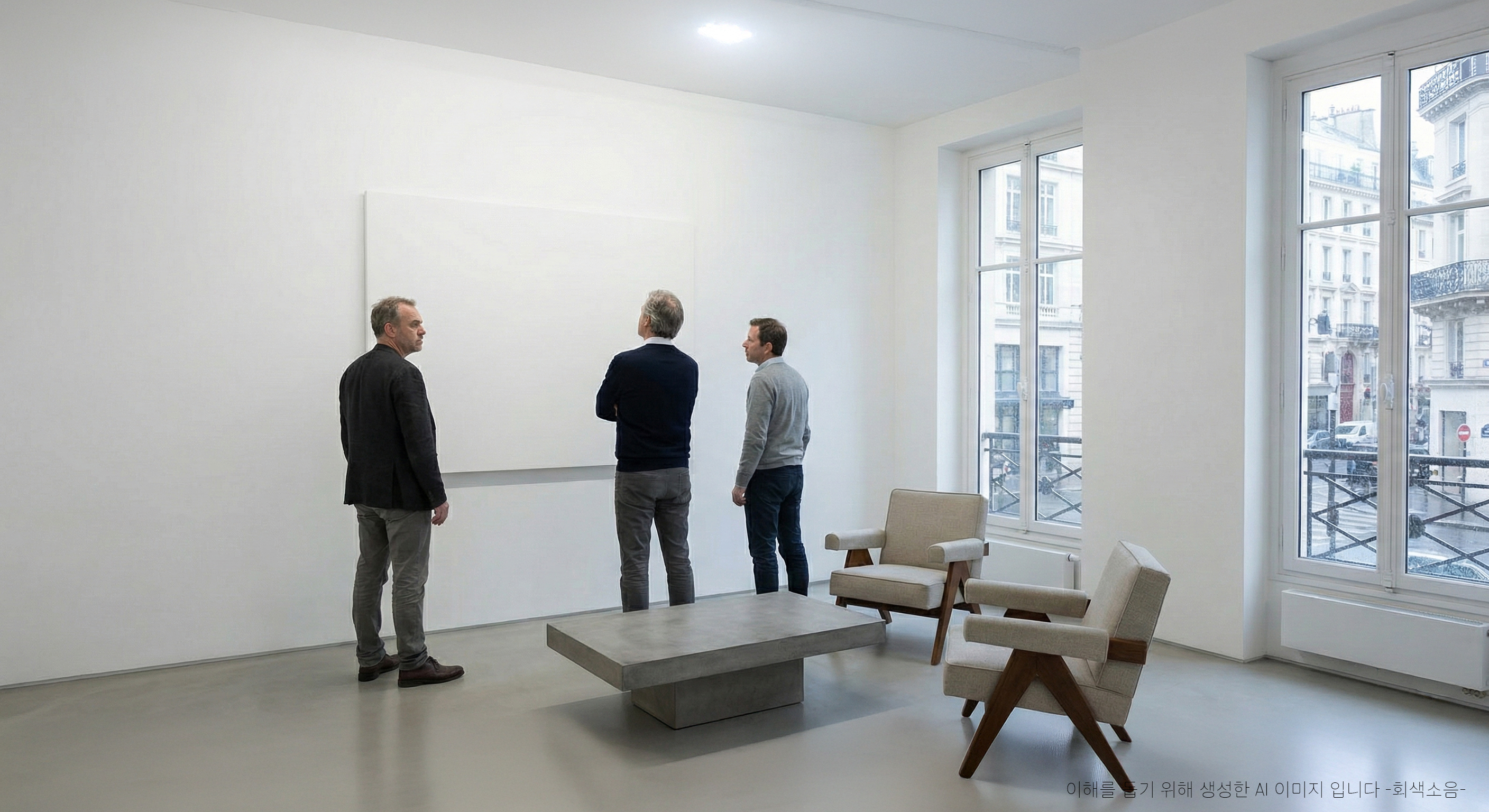 하얀 그림 앞의 세 남자 : 차가운 백색 조명 아래 미니멀한 파리 아파트 거실에서, 거대한 흰 캔버스를 마주한 세 남자가 각자의 태도로 작품을 바라보며 지적인 긴장이 흐르는 와이드 장면.