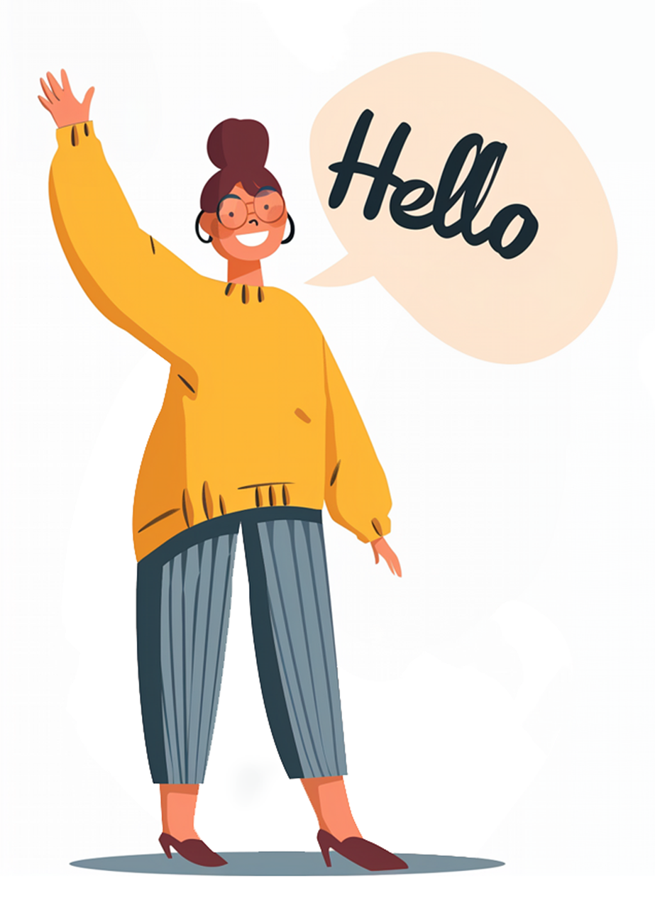 A girl waving her hand and saying Hello
