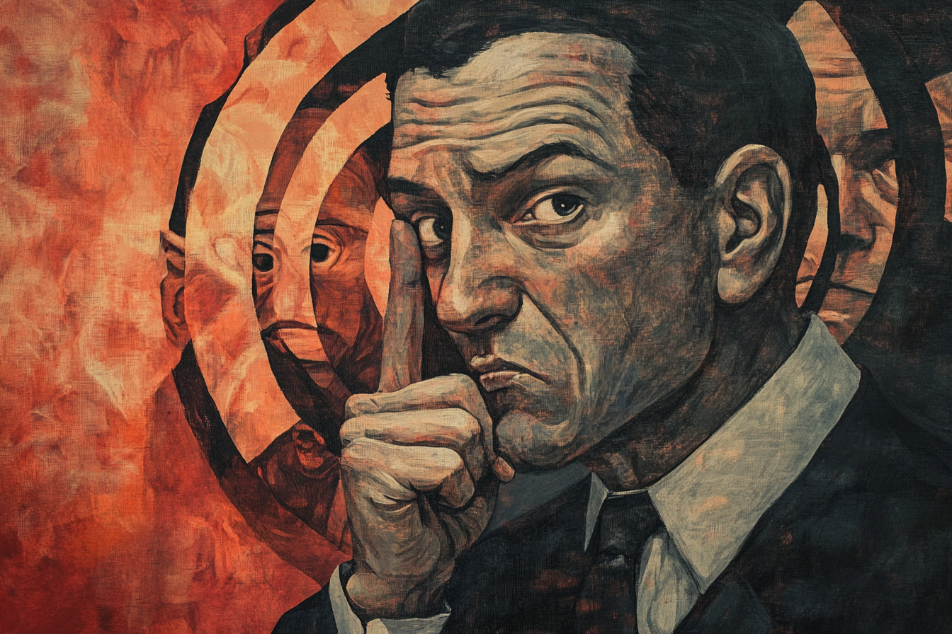 한 남자가 손가락을 자기 눈 옆에 대고 있다.