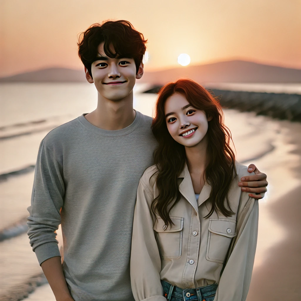 강화도 바닷가 노을을 배경으로 한 커플사진