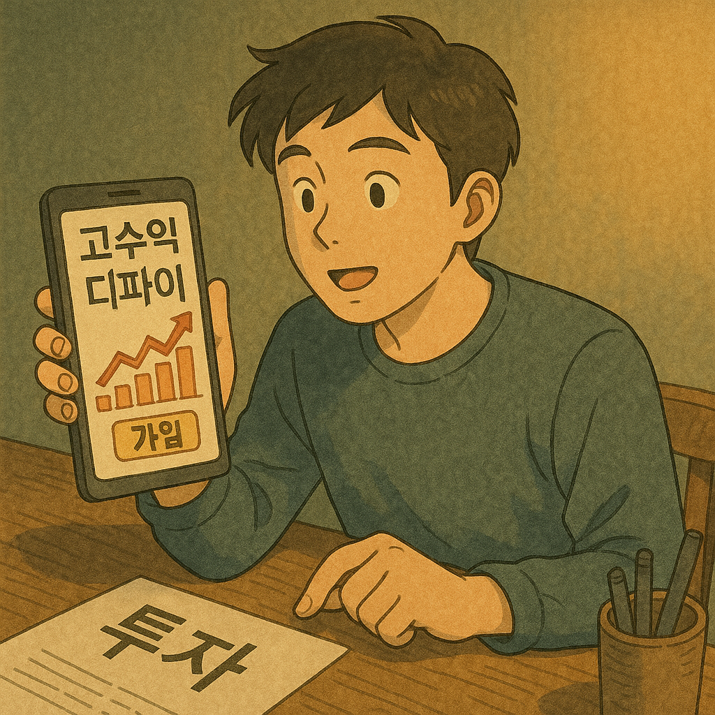 “고수익 디파이 상품 홍보를 보고 투자 결정을 내리는 장면”