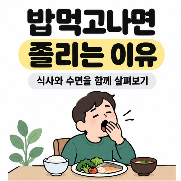 밥먹고나면 졸리는 이유라는 제목 아래 식사를 마친 성인이 식탁에서 하품하며 식사와 수면을 함께 살펴보도록 안내하는 그림