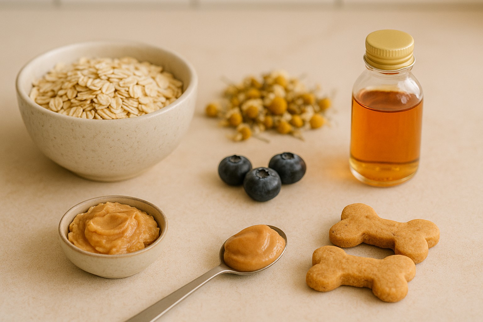 강아지 진정 효과로 알려진 다양한 천연 재료들을 평면 구도로 찍은 사진입니다. 작은 그릇에 담긴 롤드 오트, 말린 카모마일 꽃잎, 블루베리 몇 개, 무자일리톨 천연 땅콩버터 한 숟가락, 연어 오일 작은 병 등이 밝은 주방을 배경으로 깔끔하고 미학적으로 보기 좋게 배열되어 있습니다.