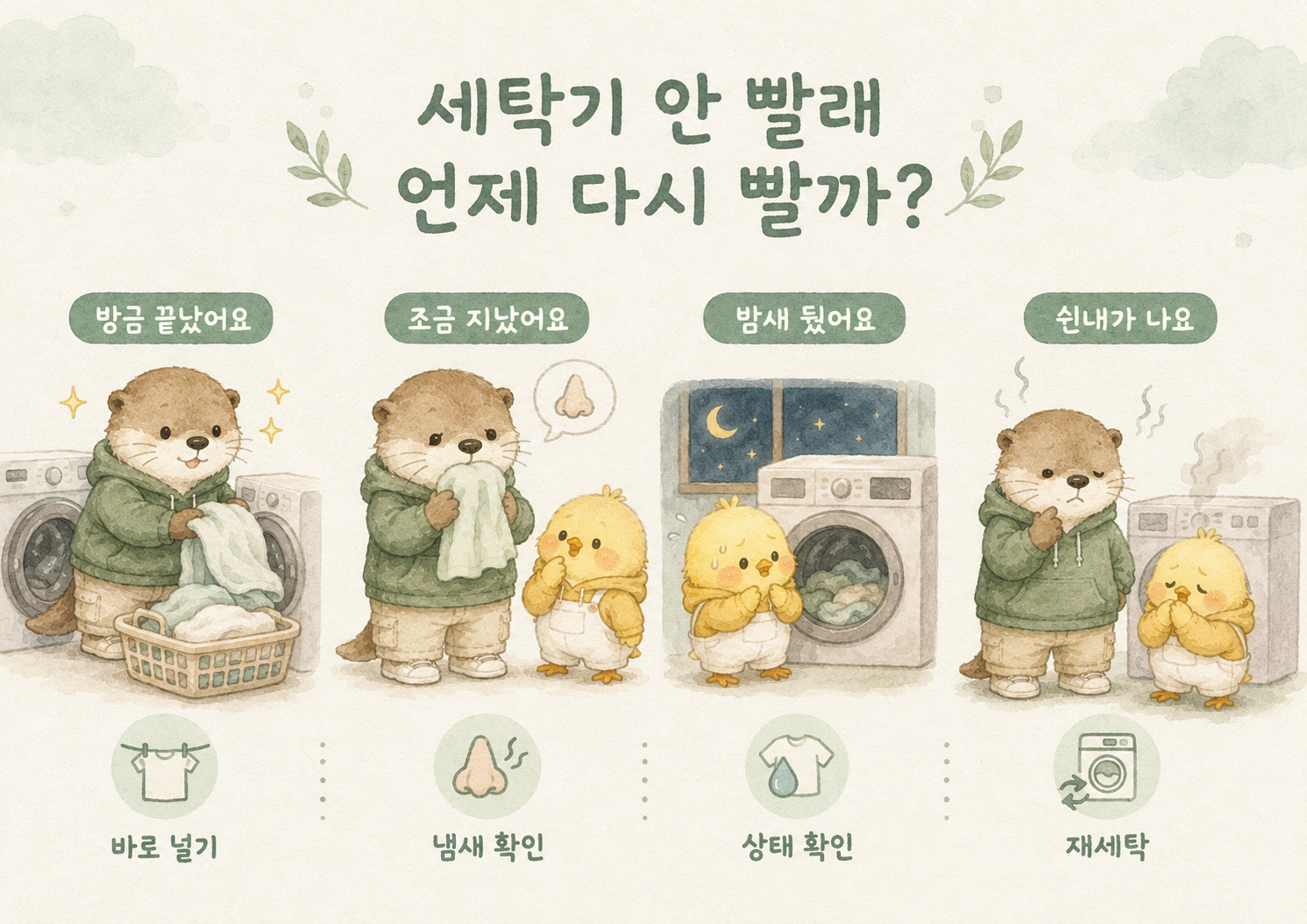 세탁기 안에 둔 빨래를 언제 다시 세탁해야 할 지 상태별로 안내하는 인포그래픽