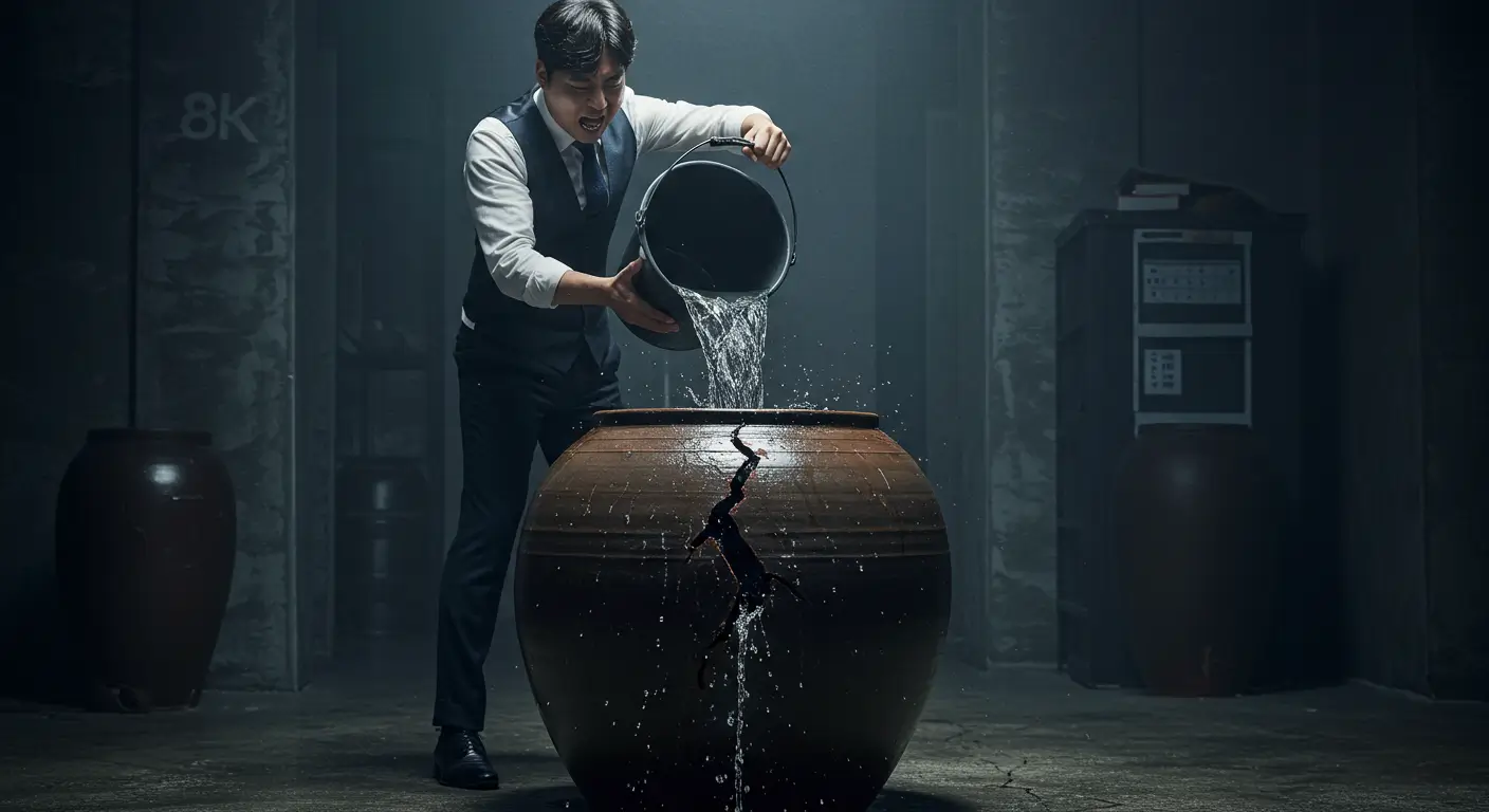 고금리 대출 이자를 상징하는, 물이 새는 항아리를 보며 허탈해하는 한국인 직장인