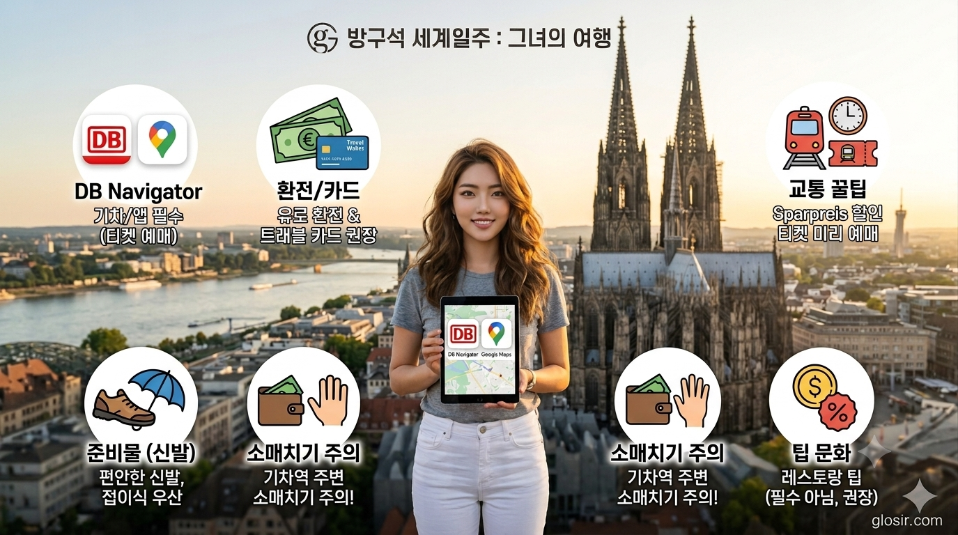 [방구석 세계일주 : 그녀의 여행] 독일 핵심 여행 꿀팁 필수 아이콘 가이드! 쾰른 대성당 배경의 한국인 여성 여행 블로거와 6가지 유용한 정보 아이콘(DB Navigator, 트래블 카드, Sparpreis, 신발/우산, 소매치기 주의, 팁 문화)과 간단한 한국어 설명