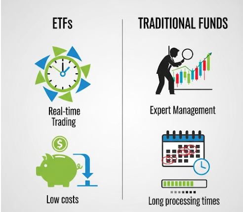 ETF와 일반 펀드의 특징을 비교하는 표를 시각적으로 보여주는 그림. ETF는 '실시간'과 '낮은 비용'이 강조된 아이콘으로, 펀드는 '전문가 운용'과 '긴 처리 시간'이 강조된 아이콘으로 표현