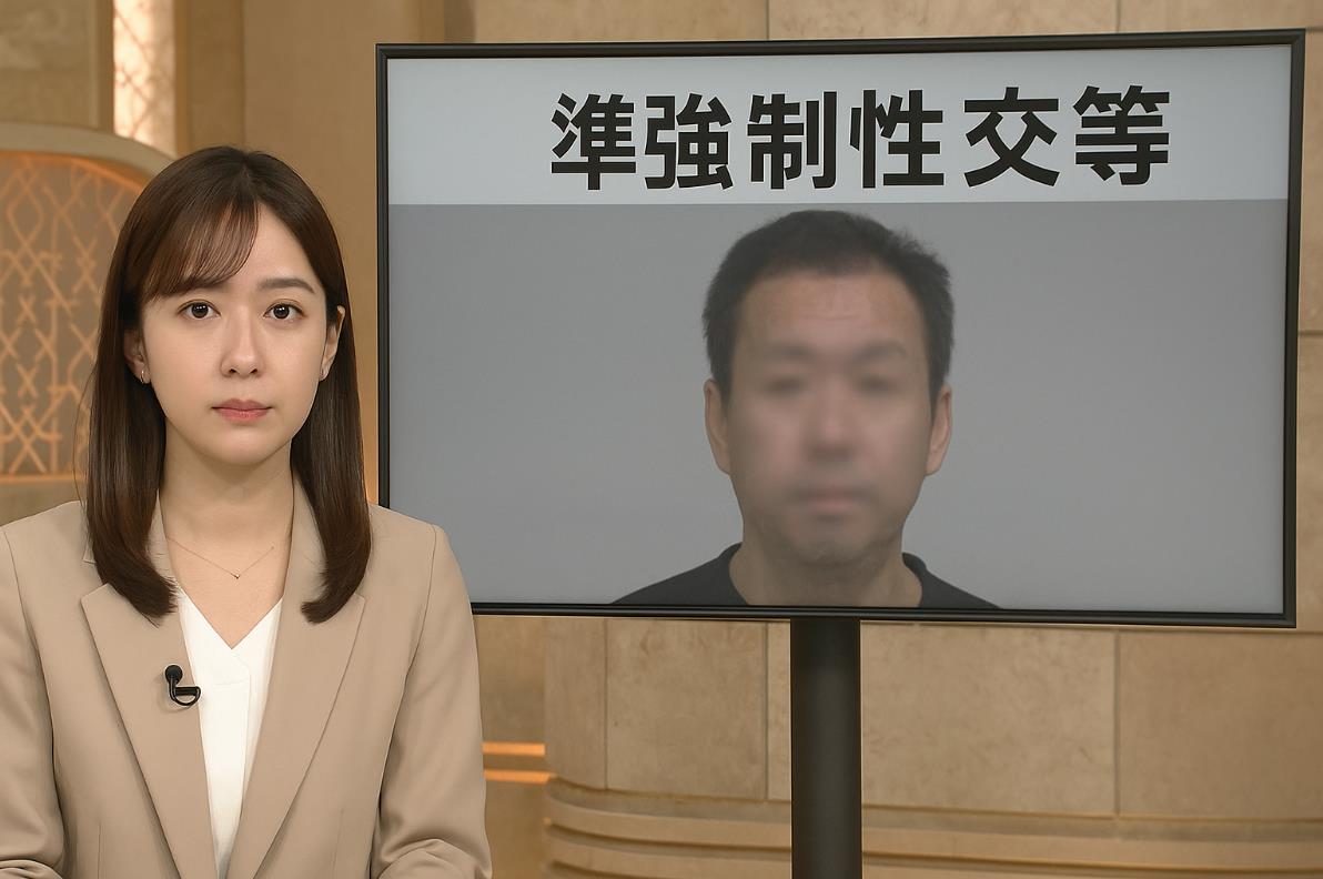 일본 TV 뉴스에 기자가 범죄 관련 보도를 하는 모습