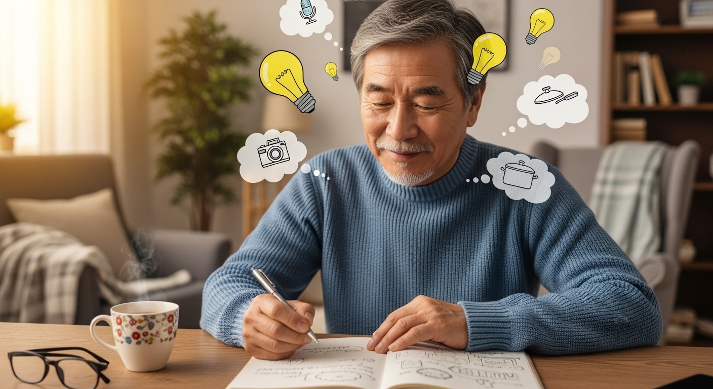 유튜브 콘텐츠 아이디어를 즐겁게 구상하며 노트북에 기록하는 60대 한국인 시니어 남성