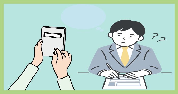 “계산기를 들고 설명하는 손과 서류를 작성하며 궁금해하는 남성 일러스트”