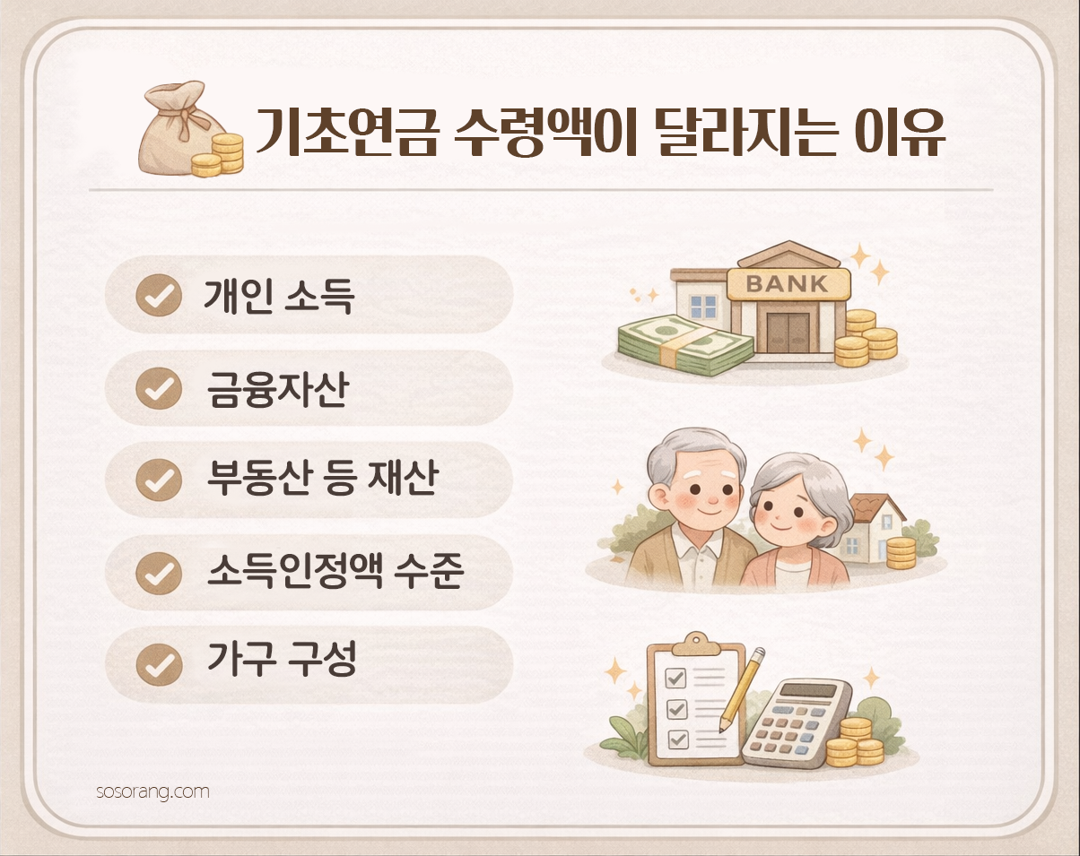 기초연금 수령액이 달라지는 이유 개인소득 금융자산 재산 소득인정액 가구구성 설명 카드