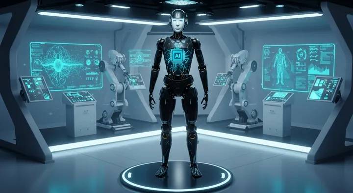 AI 실험실의 첨단 휴머노이드 로봇과 시뮬레이션 화면