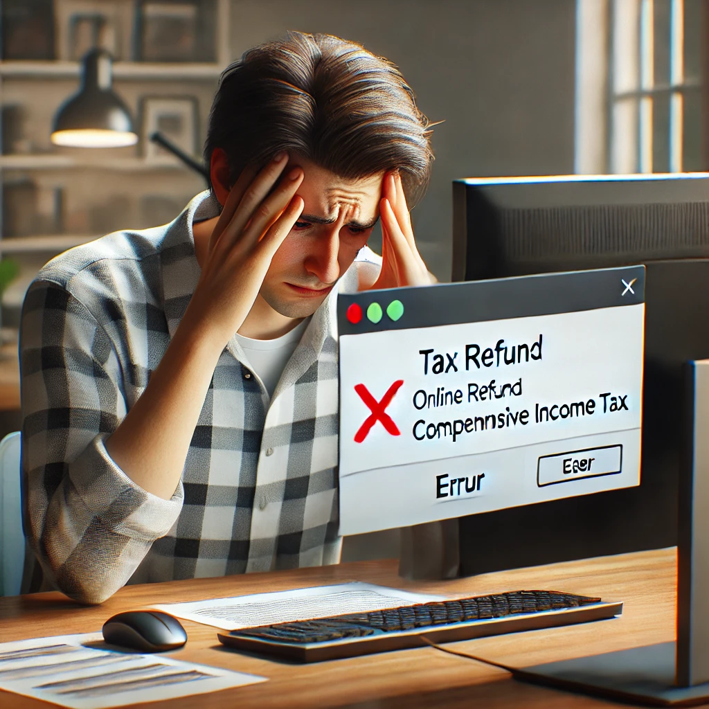 온라인 종합소득세 환급 실패로 당황한 표정을 짓는 사람의 현실적인 모습. 컴퓨터 화면에 오류 메시지가 표시되며 '원클릭 환급 실패, 당신도 예외일 수 없습니다'라는 경고 문구가 삽입된 고해상도 리얼리스틱 이미지
