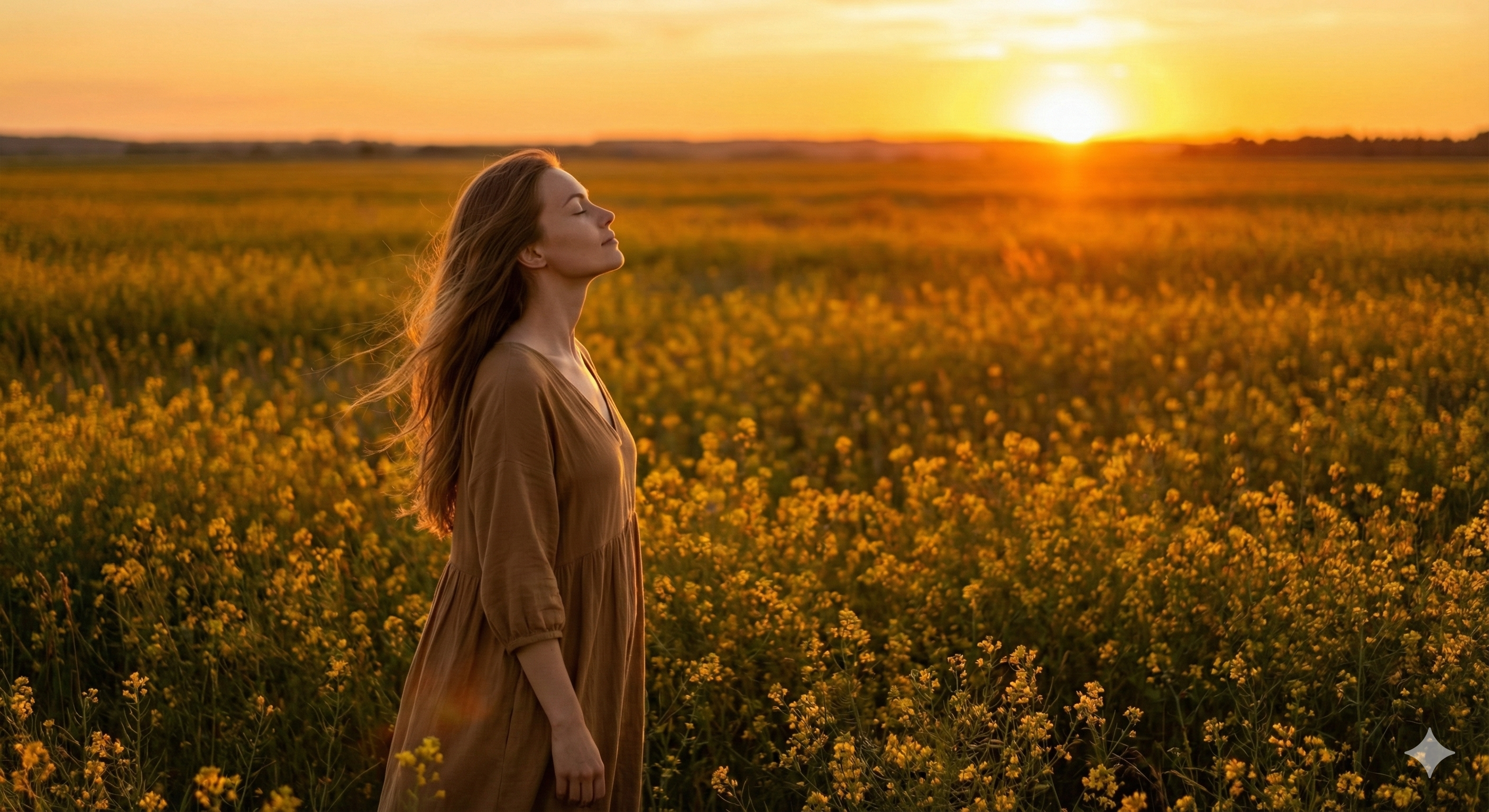 노을이 지는 황금 빛 들판에서 두 눈을 감고 깊은 호흡을 하며 전신의 이완과 혈관의 평온을 느끼는 우아한 여성 모델.