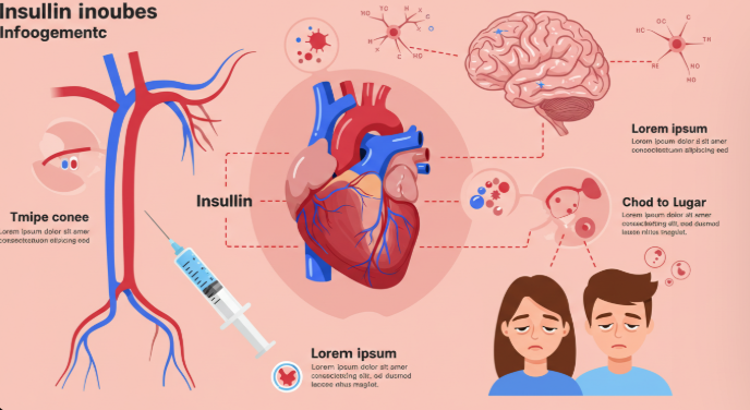 심장, 뇌, 혈관, 인슐린 주사기, 피곤한 표정의 남녀가 한 이미지에 모여 있는 인포그래픽 스타일