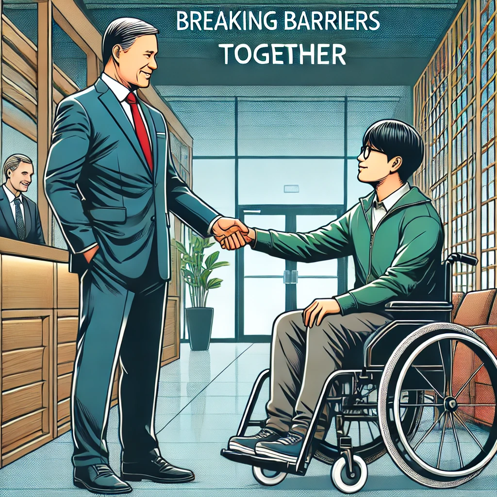 사무실 접수처에서 휠체어를 탄 젊은 남성과 중년 남성이 악수하며 성공적인 고용 통합을 상징하는 모습