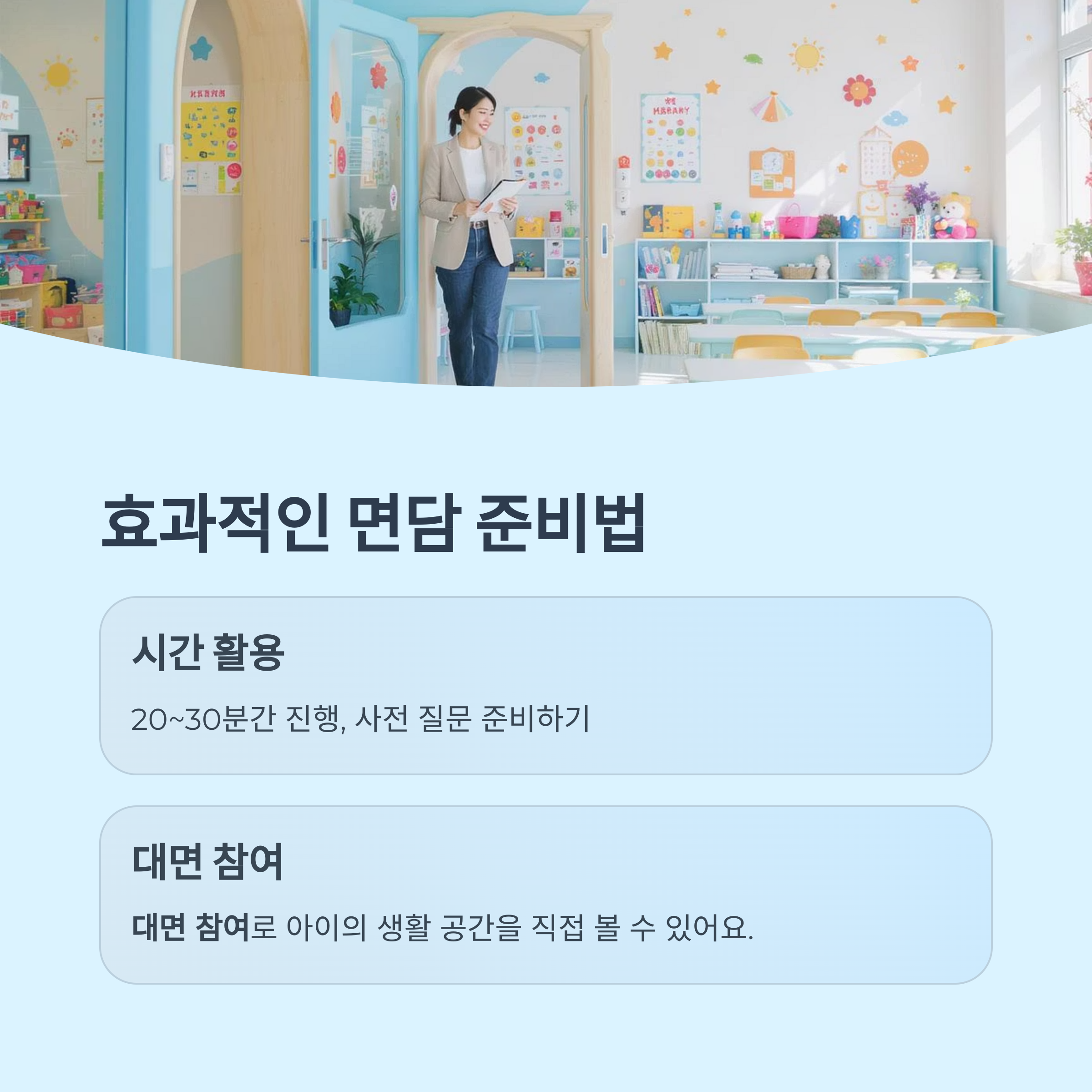 교실 복도에서 문서를 들고 있는 교사의 모습과 함께, 효과적인 면담 준비법으로 시간 활용과 대면 참여의 중요성을 설명한 인포그래픽 이미지