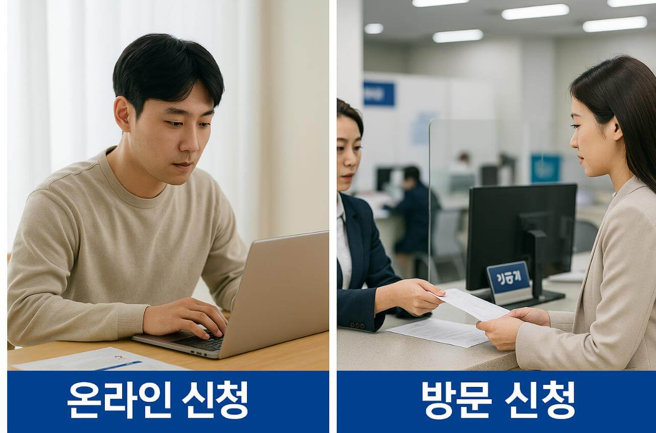 온라인 신청과 방문 신청 장면을 비교한 화면