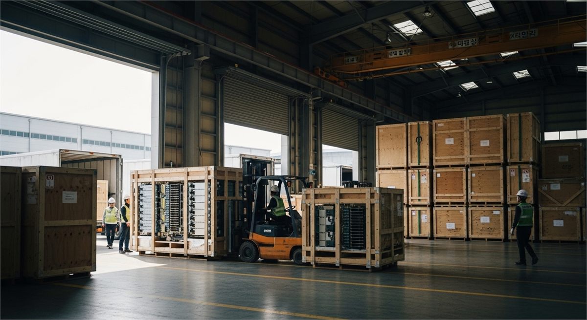 반도체 장비 출하를 준비하는 물류 현장 장면 