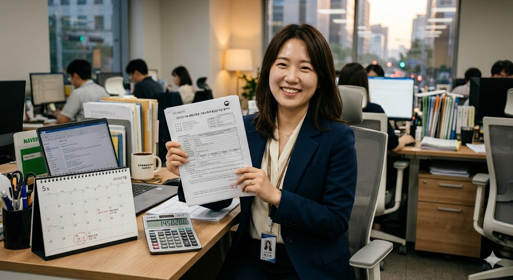 책상에서 환급 서류를 보며 미소짓는 직장인 이미지