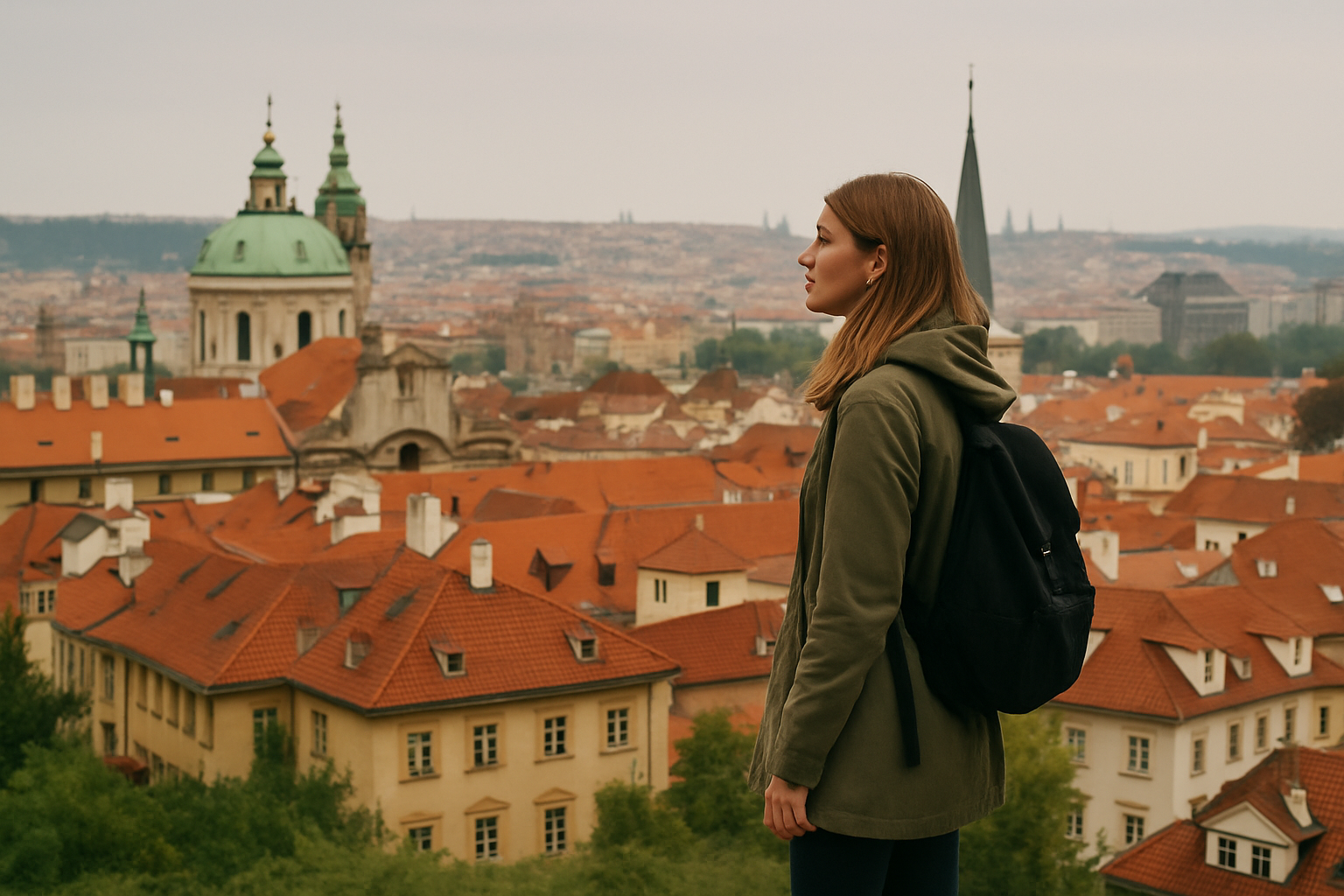 프라하 성 언덕에서 도시 전경을 배경으로 서 있는 여행자