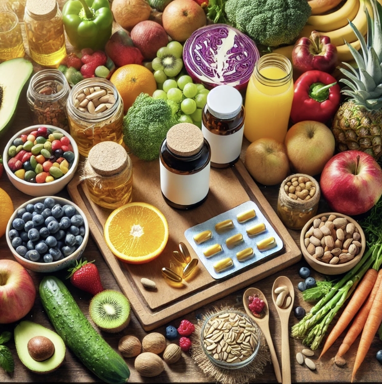 다양한 영양제와 건강한 음식들 사진