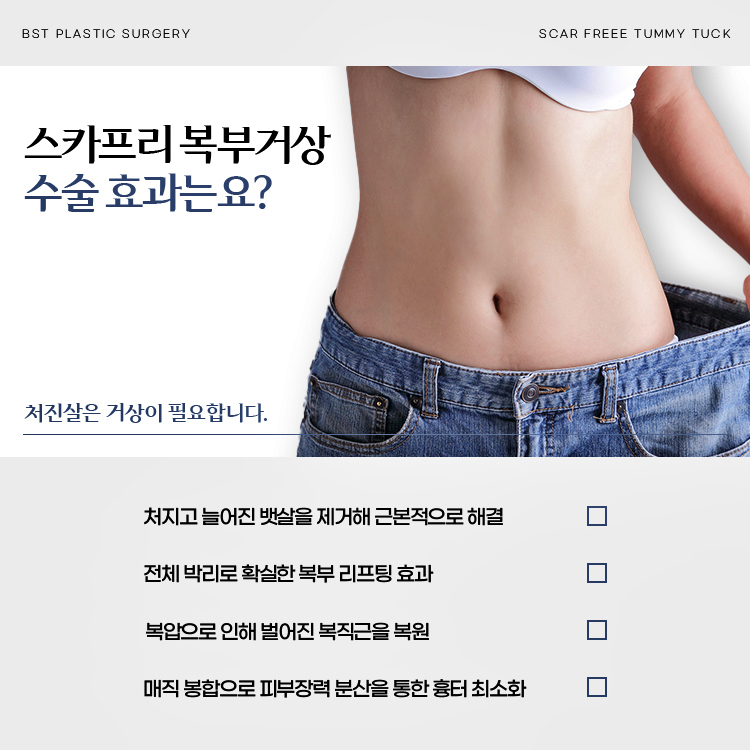 스카프리 복부거상 수술 효과는요?
1. 처지고 늘어진 뱃살을 제거해 근본적으로 해결
2. 전체 박리로 확실한 복부 리프팅 효과
3. 복압으로 인해 벌어진 복직근을 복원
4. 매직 봉합으로 피부장력 분산을 통한 흉터 최소화