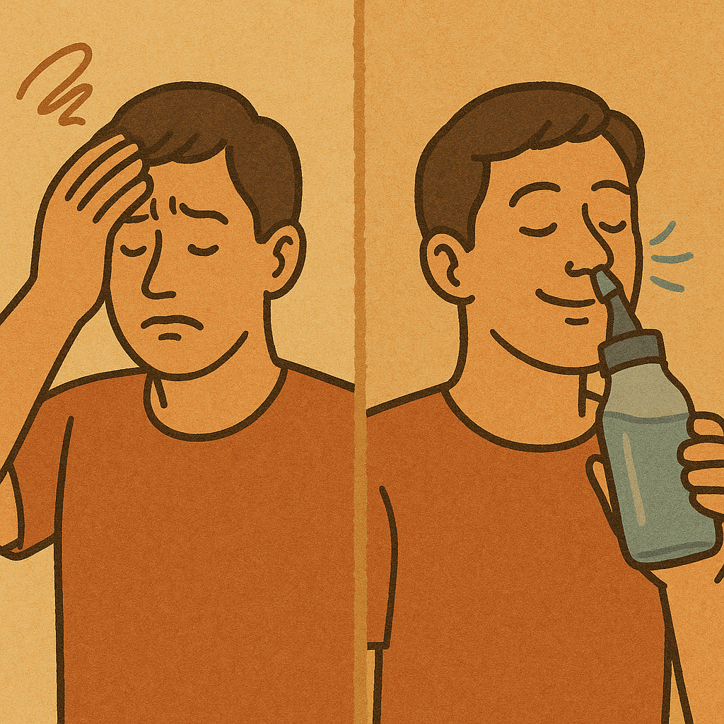 부비동염으로 코막힘을 겪는 사람과 코 세척 후 편안해진 모습을 표현한 이미지