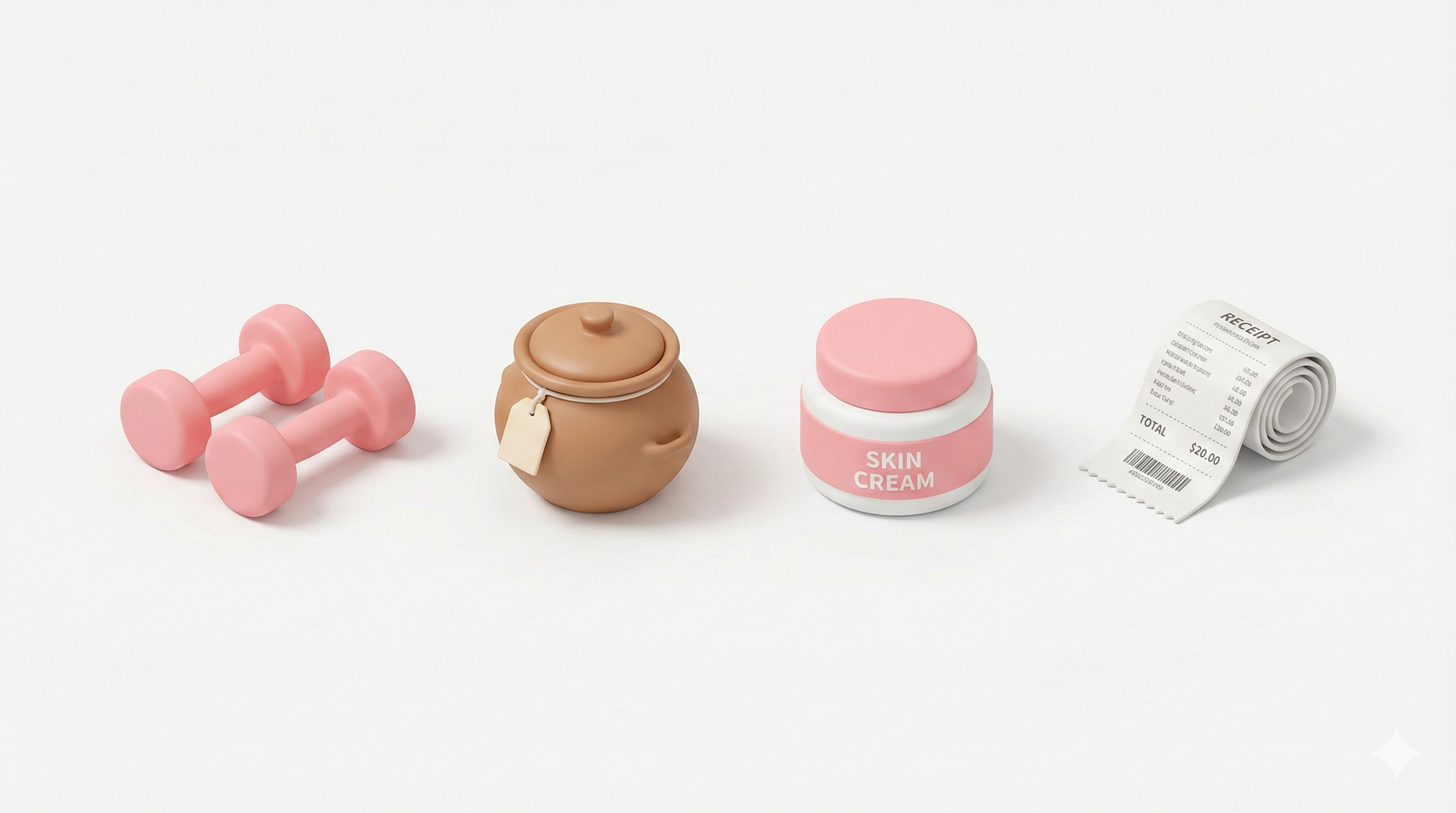 핑크색 아령(운동), 한약탕기(보약), 화장품 용기, 영수증 아이콘이 깔끔하게 나열된 모습