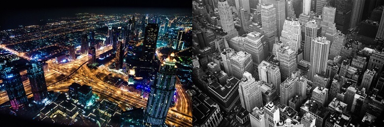 좌측은 늦은 밤을 배경으로 도시전체가 아름다운 불빛으로 빛나는 고층건물과 도로를 달리는 차량불빛 사진이며 우측은 낮을 배경으로 도시의 고층건물이 내려다 보이는 사진