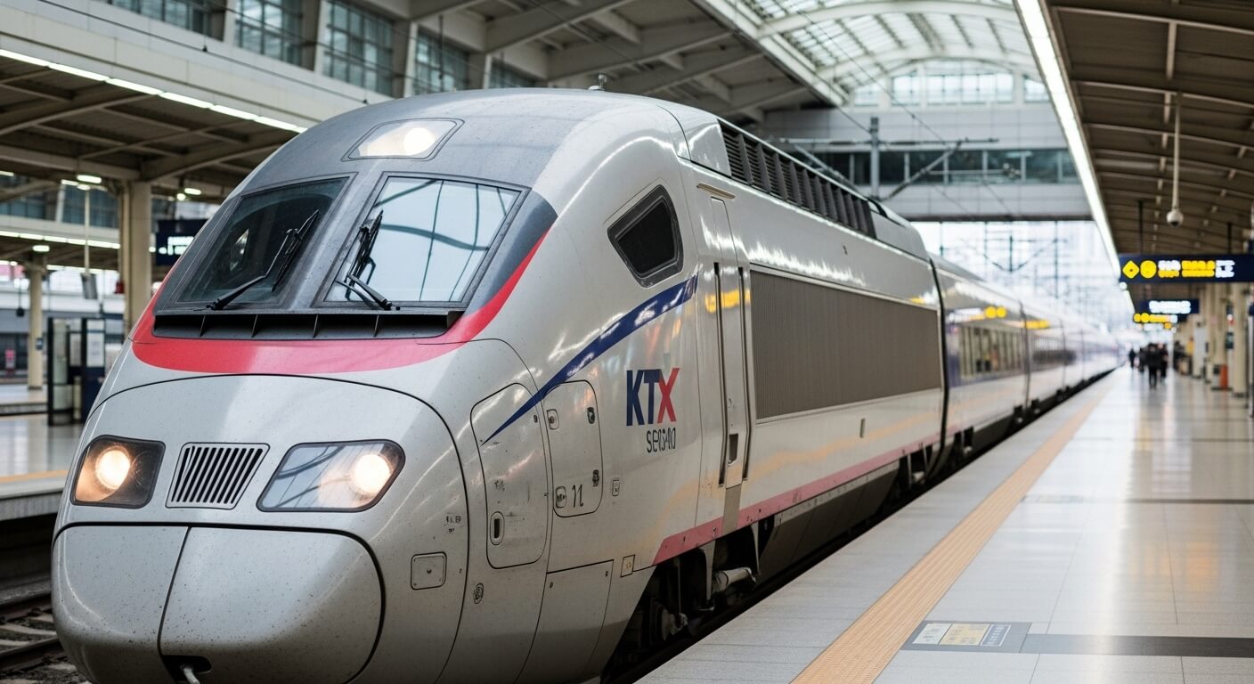 붉은 라인이 표시된 KTX 열차가 플랫폼에 정차한 장면