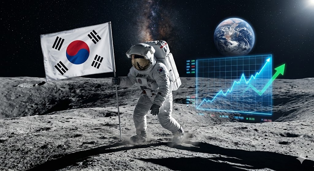 우주복을 입은 투자자가 거대한 달 표면에 태극기를 꽂고 주가 그래프가 우상향하는 세련된 인포그래픽
