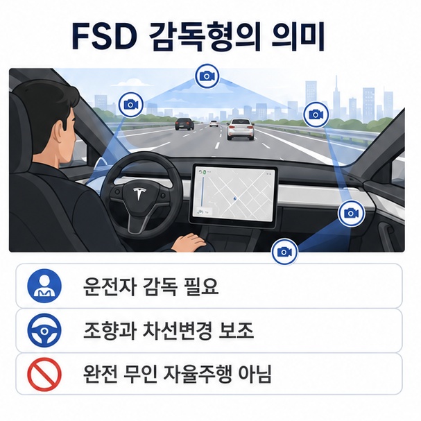 테슬라 FSD 감독형은 운전자의 적극적인 감독이 필요하며 완전한 무인 자율주행 기능은 아니라는 점을 설명한 이미지